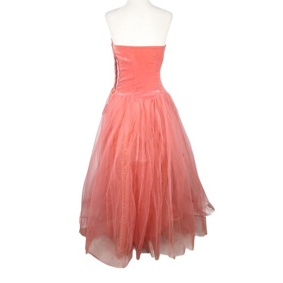 Vintage 50s Strapless Coral Pink Tulle Velvet Leaf Applique Formal Prom Dress XS - Picture 5 of 9